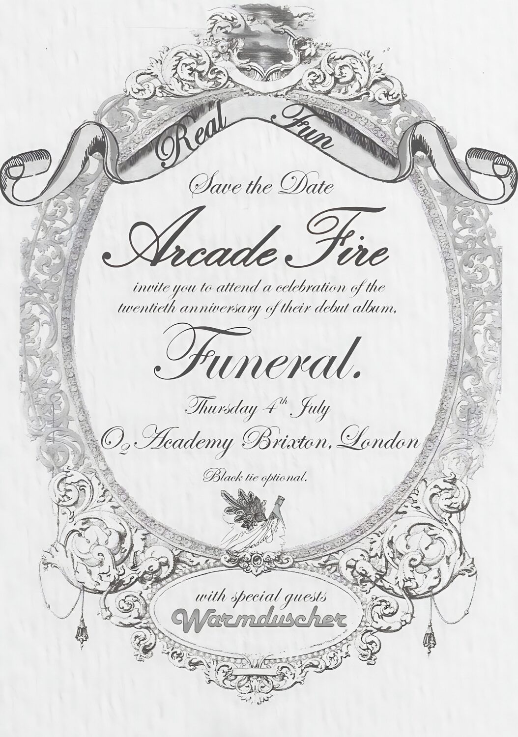Arcade Fire Funeral 20th Anniversary invitation -- Save the Date, Black Tie Optional